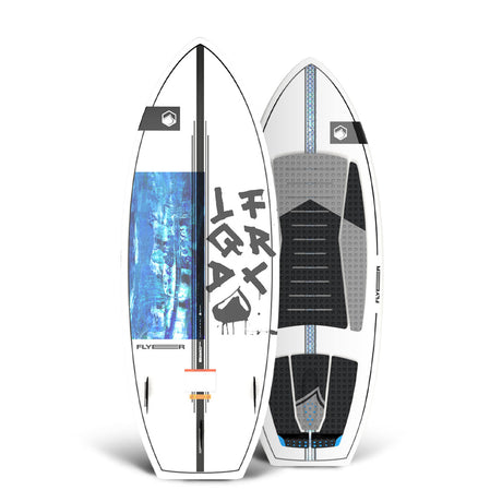 Top and bottom view of wakesurf board, white with blue accents and patterns, stand upright.