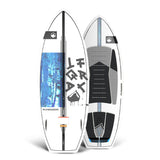 Top and bottom view of white wakesurf board with blue graphics and black accents, standing upright.