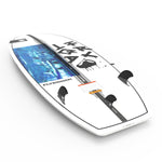 White wakesurf board with black design & fins, perfect for wakesurfing.