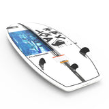 White wakesurf board with black design & fins, perfect for wakesurfing.