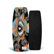 Top and bottom view of a vibrant wakeskate with eye design and abstract patterns.