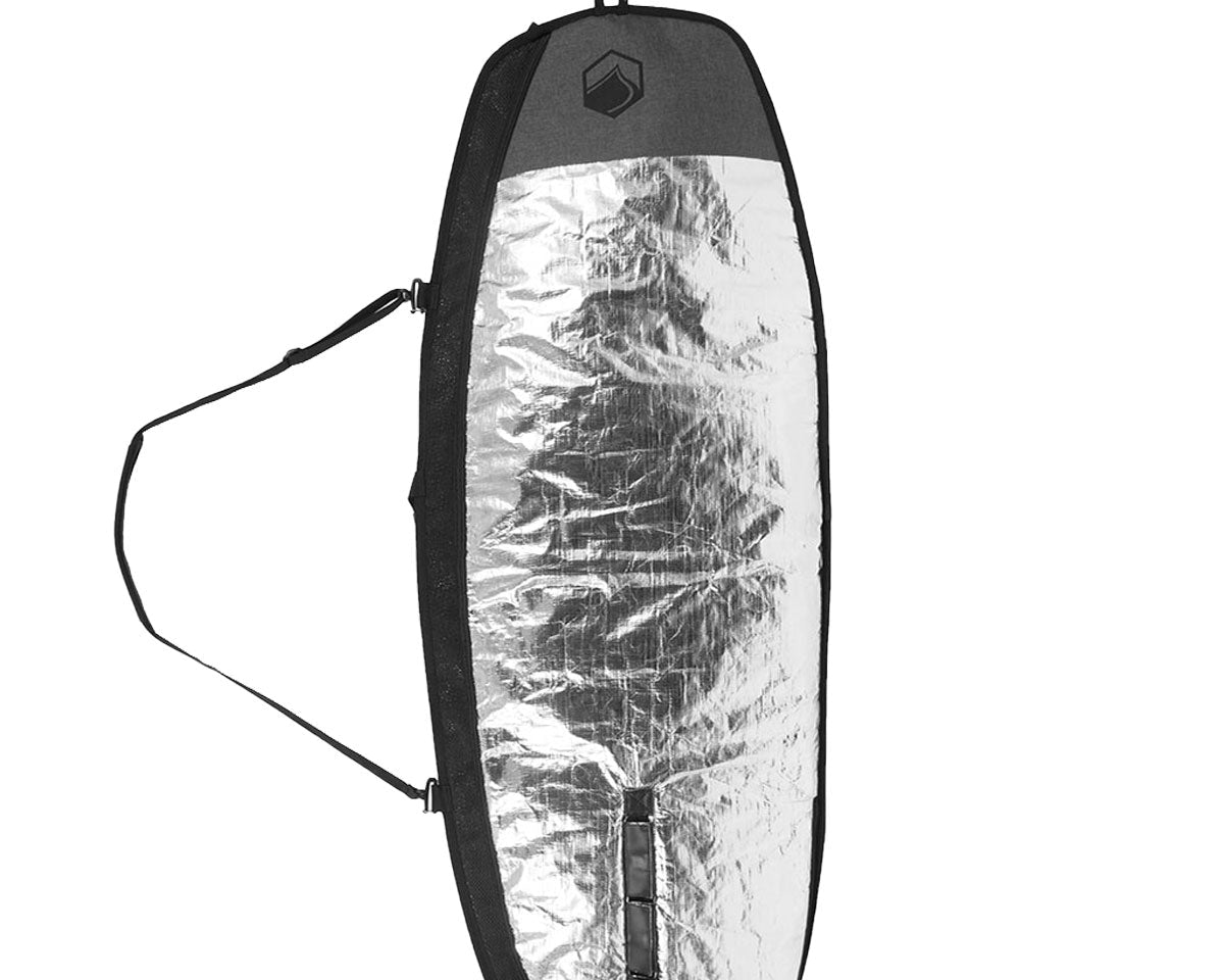 Foil Board Bag, silver with black edges and a shoulder strap.