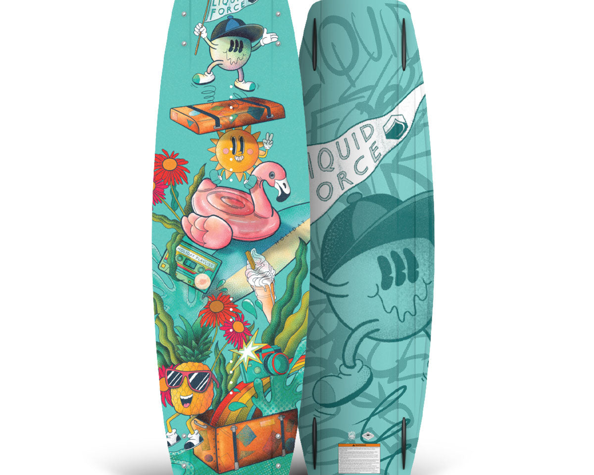 Top and bottom view of Colorful Liquid Force wakeboard featuring fun cartoon graphics.