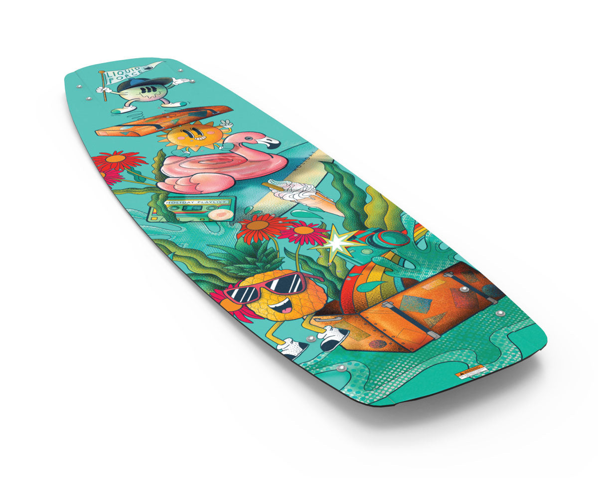 Liquid Force vivid deck features beach-themed characters with a tropical wakeboard feel.