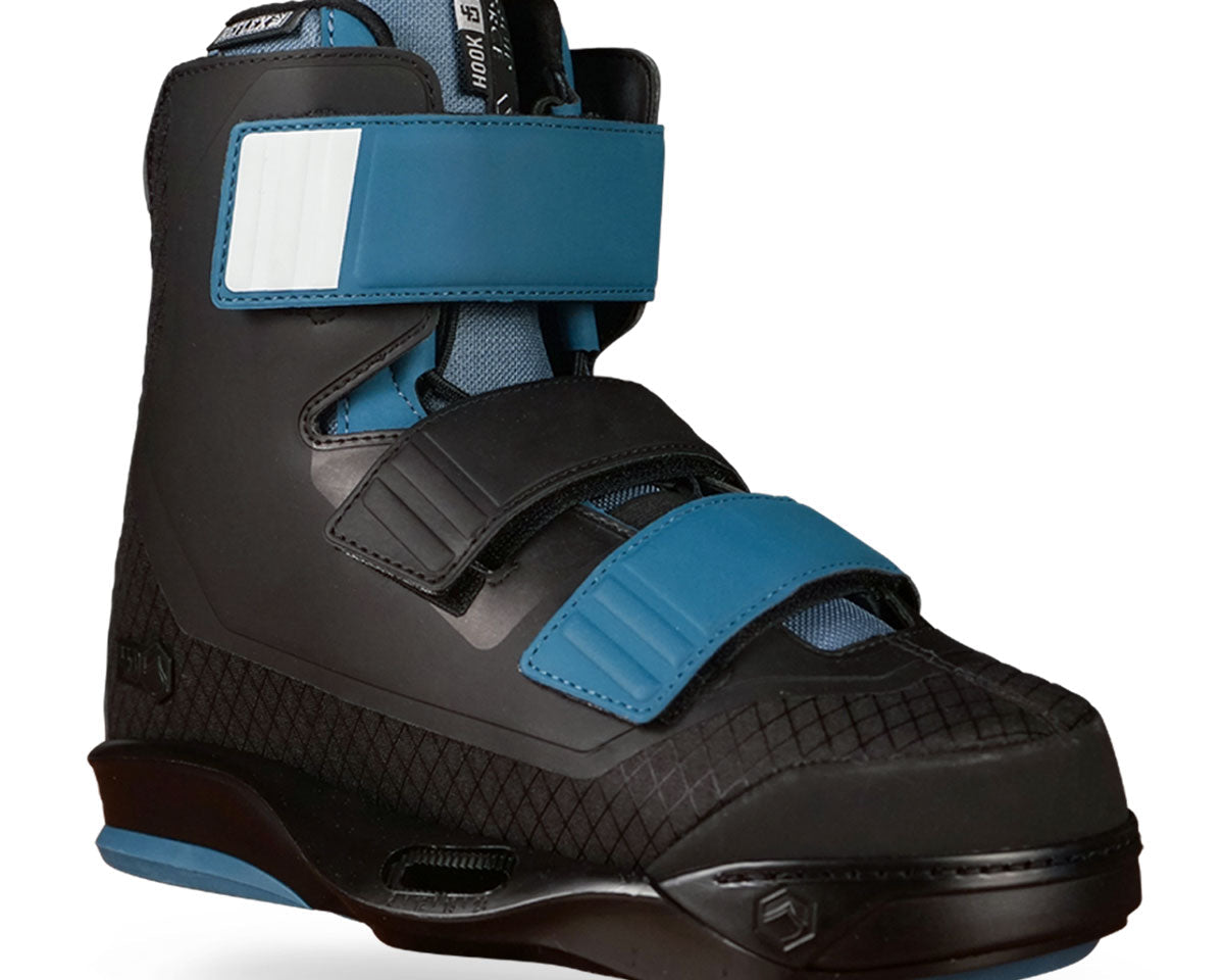 Liquid Force wakeboard boot in black and blue with Velcro straps and textured design for secure bindings.