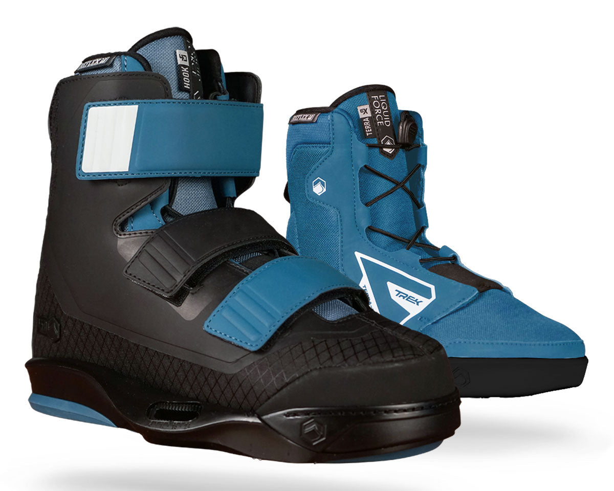 Liquid Force high-top athletic shoes, black & blue with strap bindings for a secure fit.