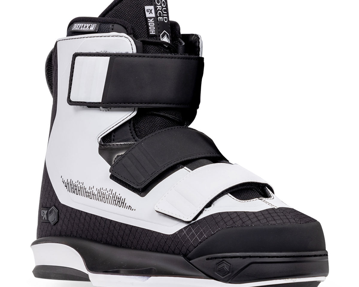 Black and white wake boots with adjustable straps on a white background.