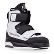 Black and white wake boots with adjustable straps on a white background.