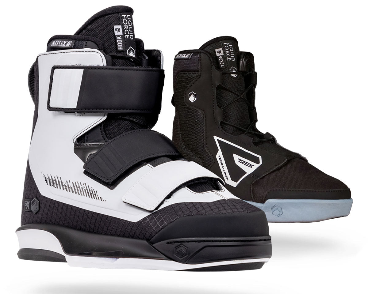 Black and white high-cuff wakeboard boots with a three strap velcro closure.