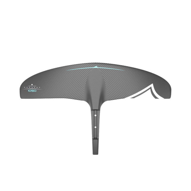 Top view of a black Carbon Horizon 1050 FuseLock Front Wing features with teal and white accents, against a black background.