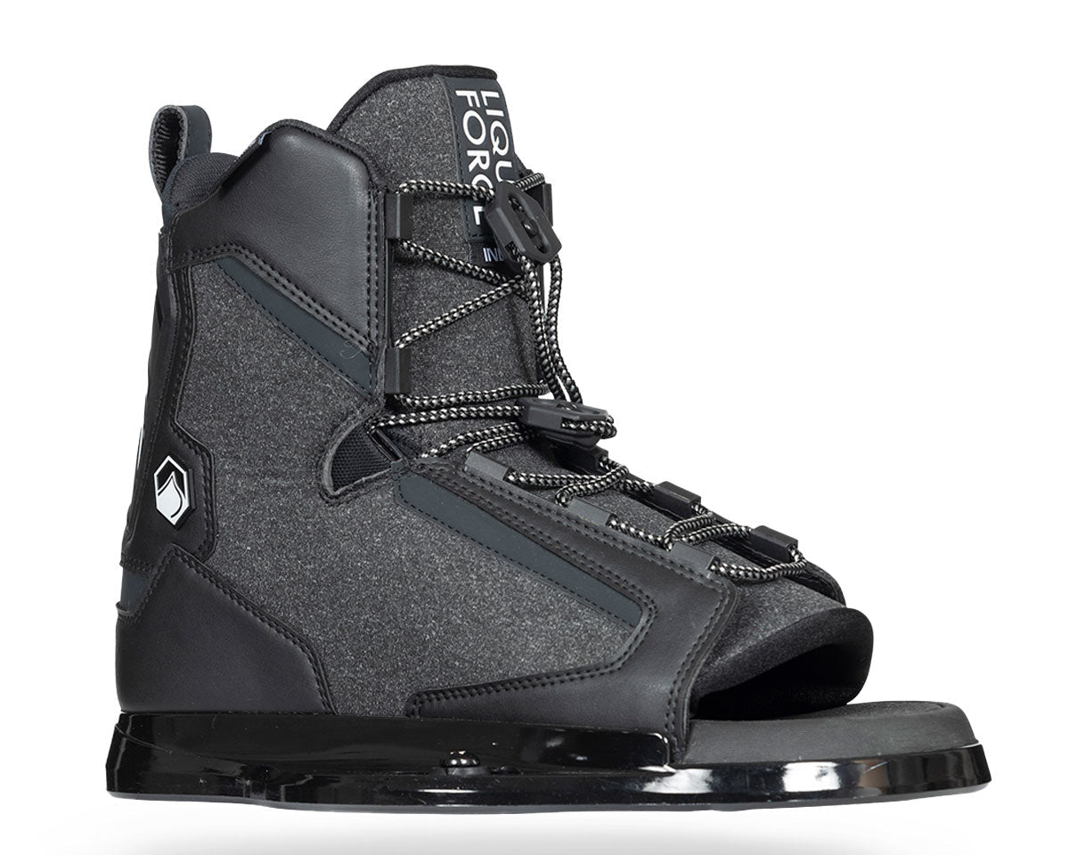 Black wakeboard boots with a soft lining and lace-up front, mounted on a black base plate.