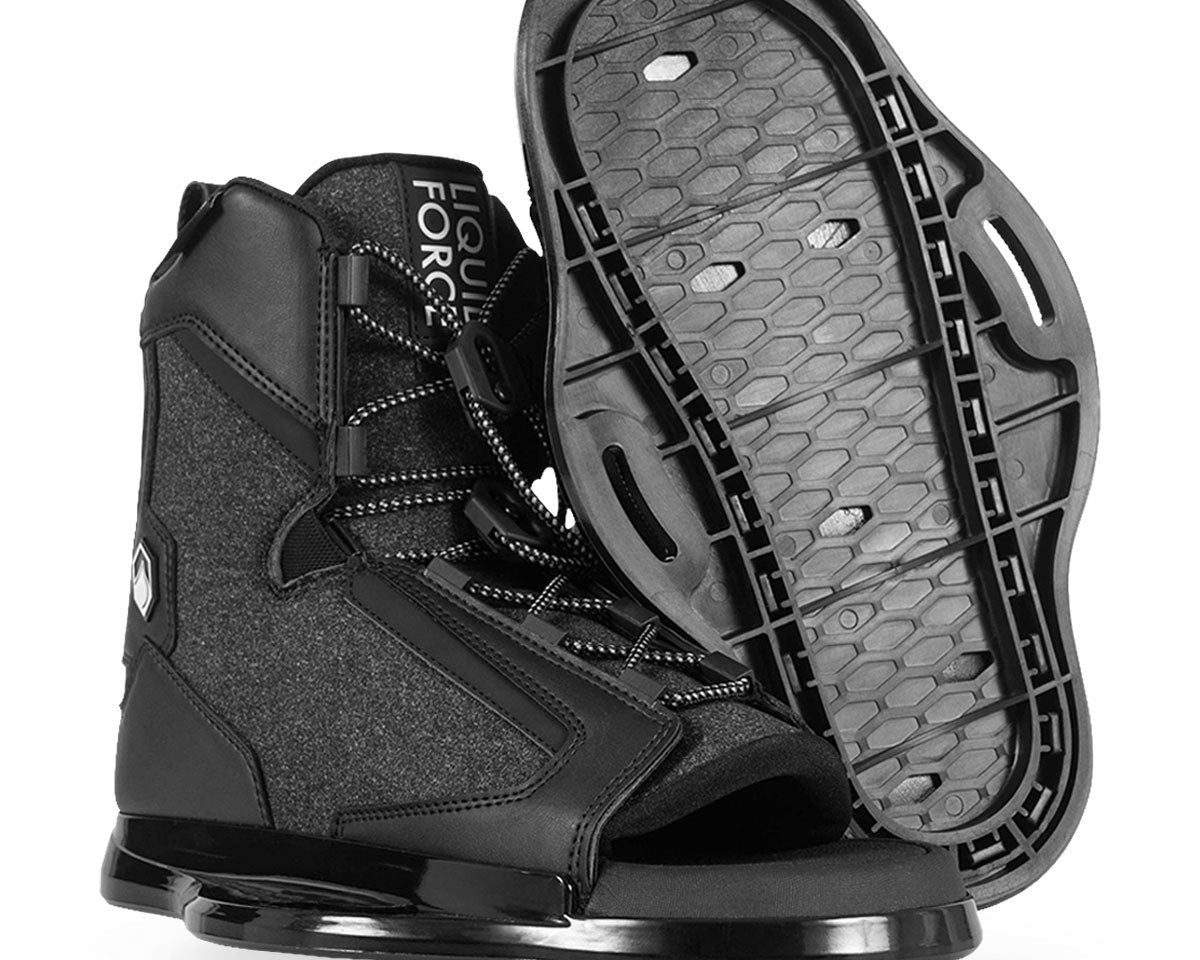 Wakeboard boots in black, open-toe design, laces, textured sole.