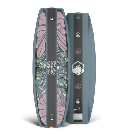 Front and back view of grey & pink wakeboard, one with a floral design, the other black and gray.