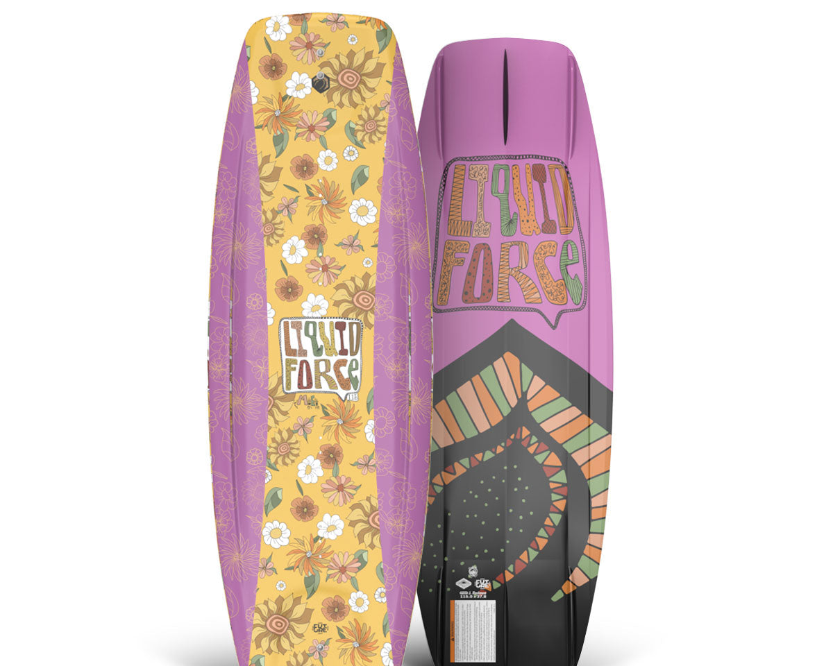Top and bottom view of vivid wakeboard with floral art and the other with abstract designs, are displayed side by side.