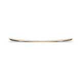 Side view of the Liquid Force M.E. FS wakeboard deck on white, showcasing its slight curve and thin profile.