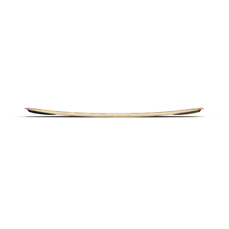 Side view of the Liquid Force M.E. FS wakeboard deck on white, showcasing its slight curve and thin profile.