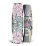 Top and bottom view of wakeboard with pink, purple, and teal floral designs.