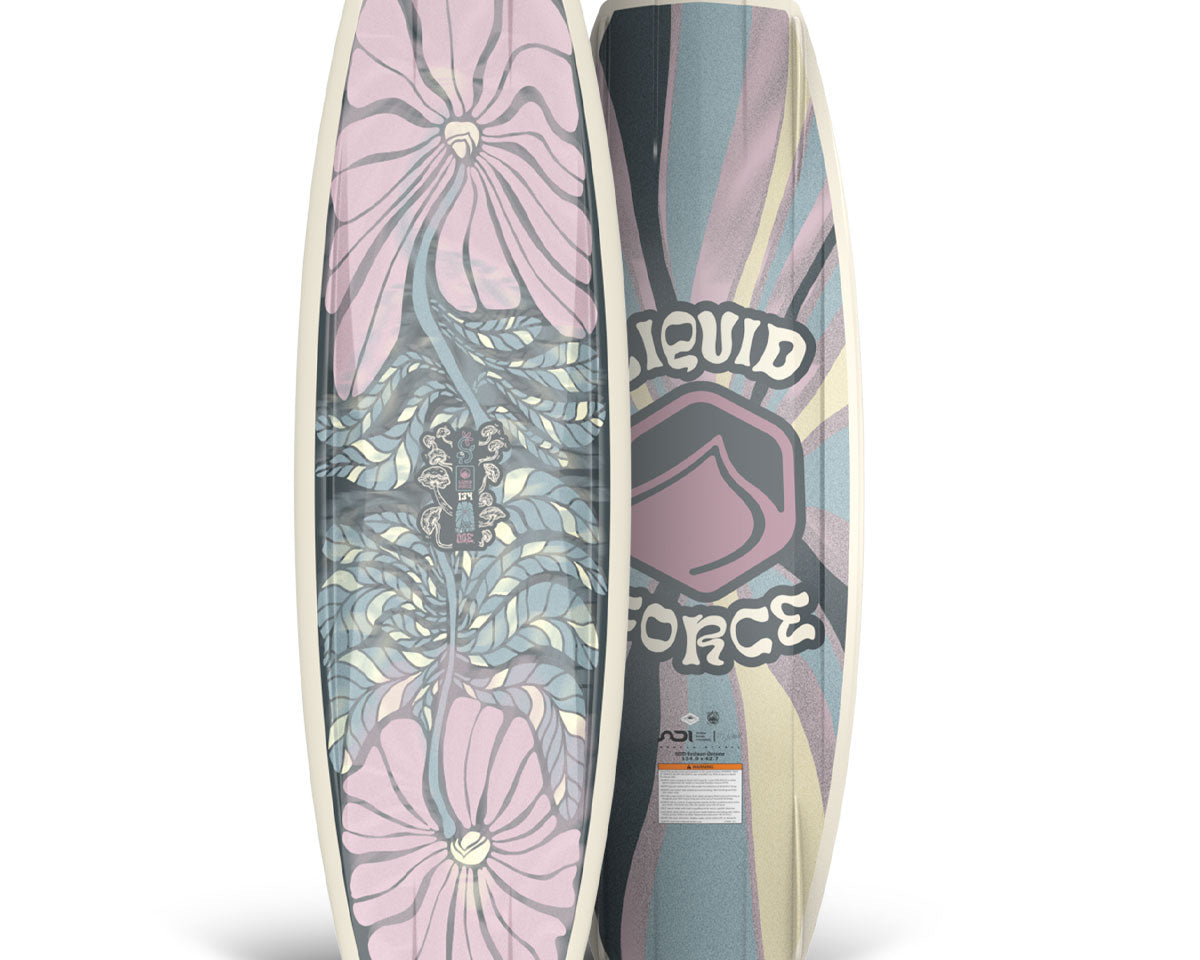 Top and bottom view of wakeboard with pink, purple, and teal floral designs.