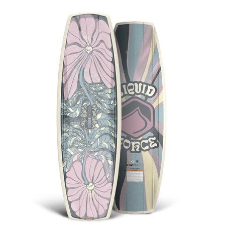 Top and bottom view of wakeboard with pink, purple, and teal floral designs.
