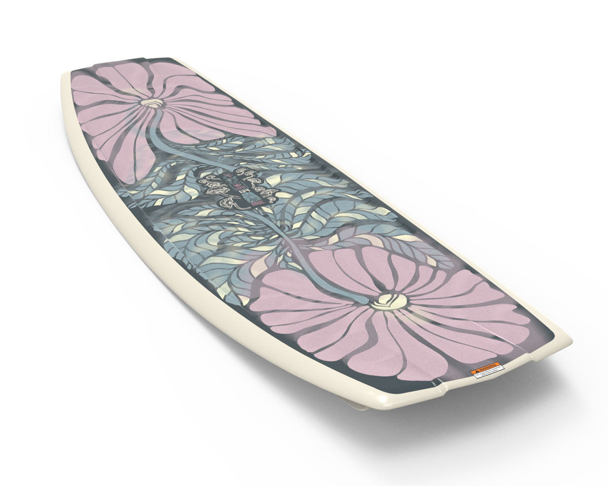 Liquid Forces M.E. wakeboard features a pink floral design on a white background.