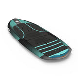 Foil board with black and teal graphic on the deck's top-sheet.