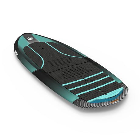 Foil board with black and teal graphic on the deck's top-sheet.