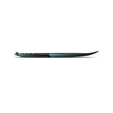 Side view of foil board highlighting the curved profile and it's black and turquoise color scheme.