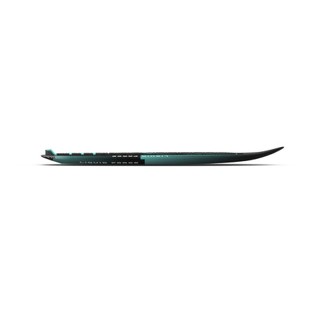 Side view of foil board highlighting the curved profile and it's black and turquoise color scheme.