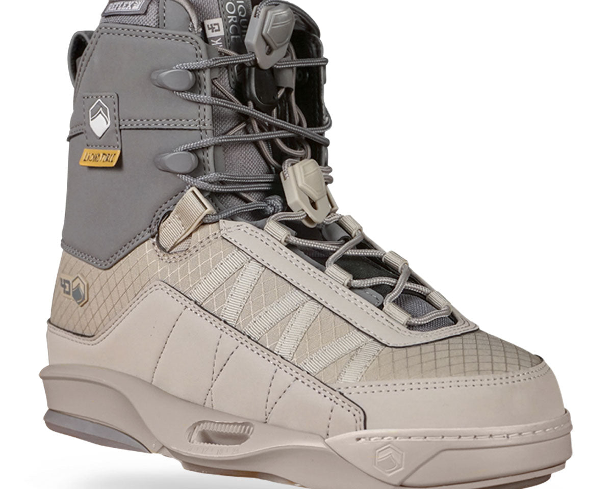 Gray and beige wakeboard bindings with detailed lacing, textured panels, a logo on the upper side.