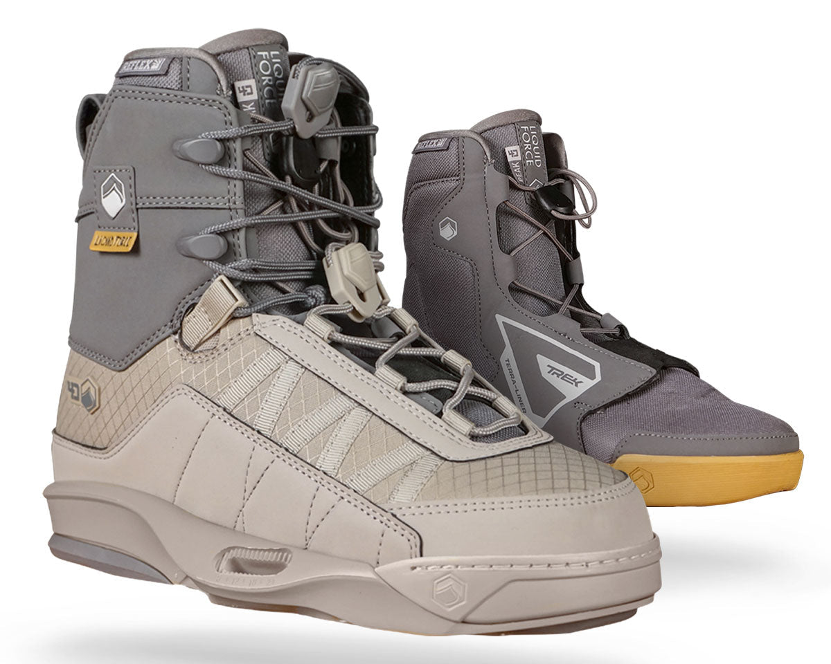 Two gray and beige wakeboard bindings with textured panels, lace details, and Terra Trek Liners.