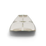Top view of a wakeboard where its viewed from the tip to the tail, featuring abstract minimalistic artwork predominantly off-white with teal, green, and woodgrain accents.