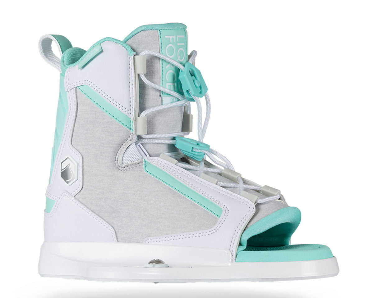 Wakeboard bindings in teal and gray with an open toe, straps, and an adjustable lace closure.