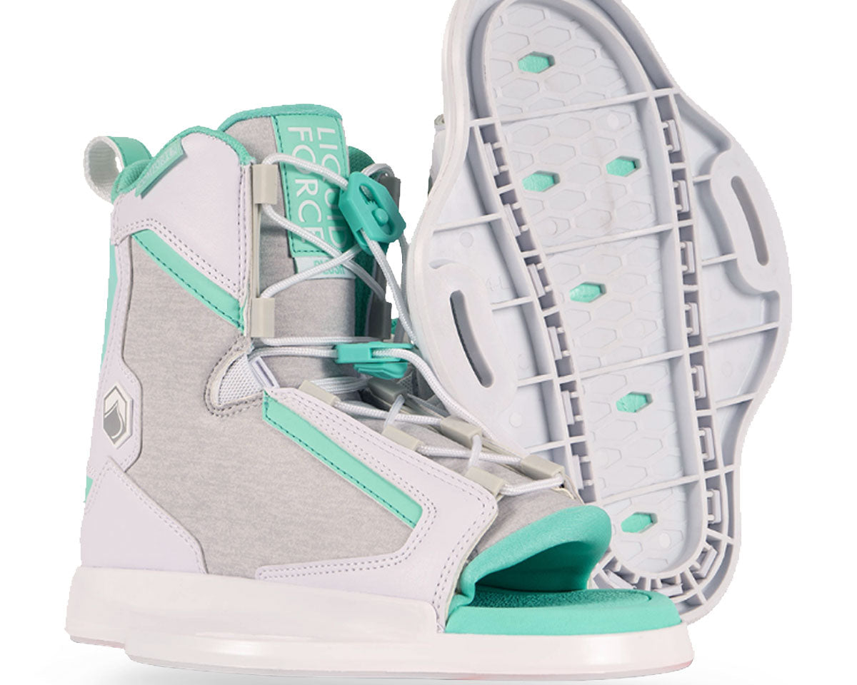 Wakeboard boots come in white and teal with a visible sole, traction design, and gray accents.