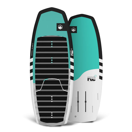 Top and bottom view of POD Foil: teal/white foilboards with black stripes & logo.