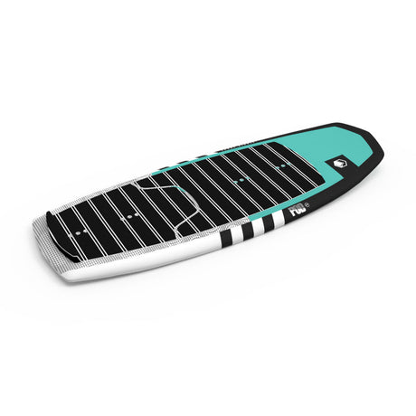 POD Foil board with black, white, and teal stripes on the deck.