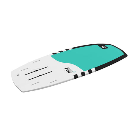 Angled bottom view of foil board with black, white, and turquoise accents.