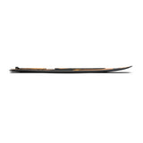 Wake surfer with dark and orange graphic design, side view.