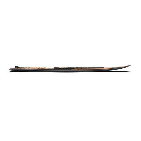 Wake surfer with dark and orange graphic design, side view.