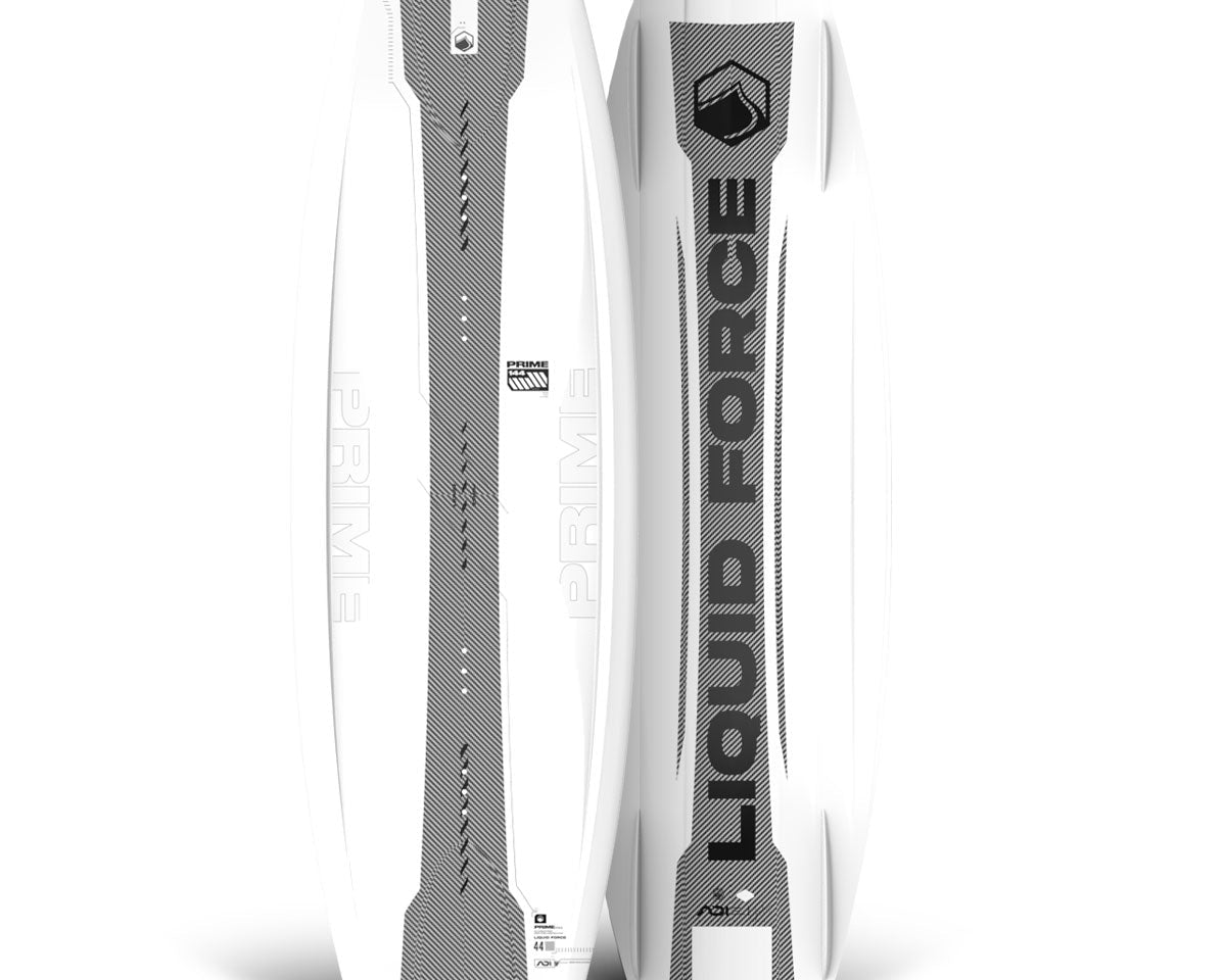 Top and bottom view of Liquid Force Prime AERO wakeboards in white with black text and geometric designs.