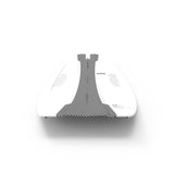 Top view of a wakeboard looking down from the nose to the tail, with white and gray graphics / artwork.