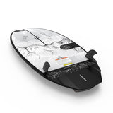 Liquid Force wakesurf board, mountain graphic, black fins on white.
