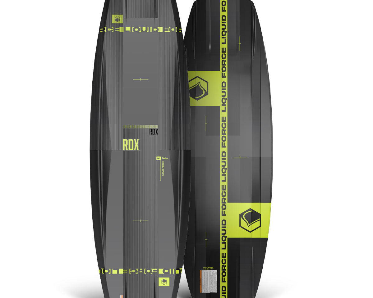 Top and bottom view of black RDX wakeboards with green accents, featuring Liquid Force branding.