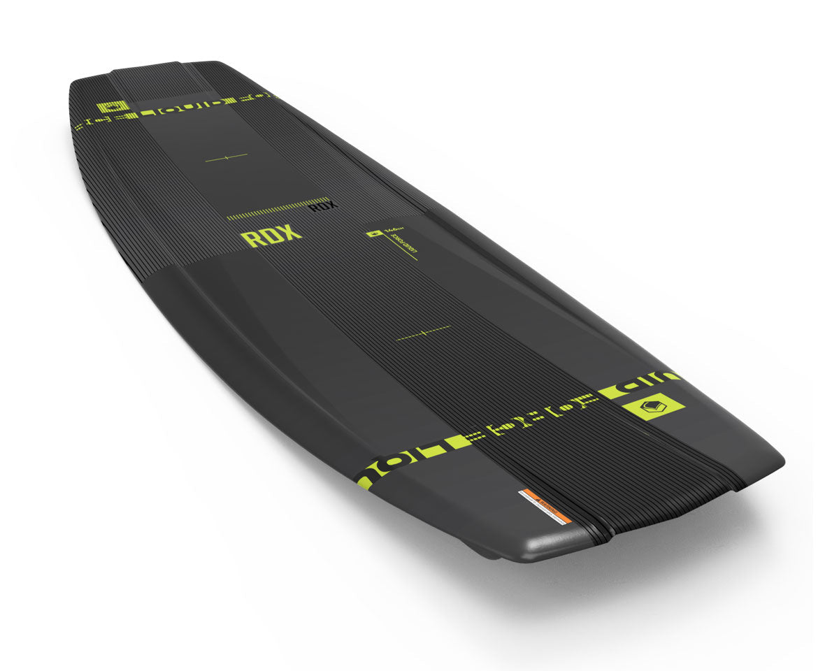 A Liquid Force RDX wake foil in black and green on a white background.