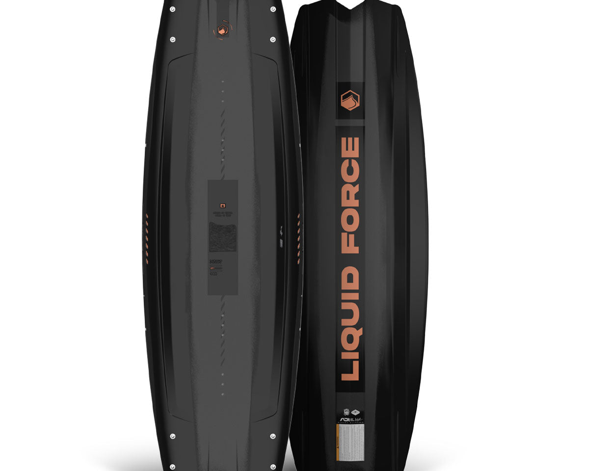 Top and bottom view of Remedy AERO wakeboard by Liquid Force stand upright, revealing top and bottom views with bold orange branding.