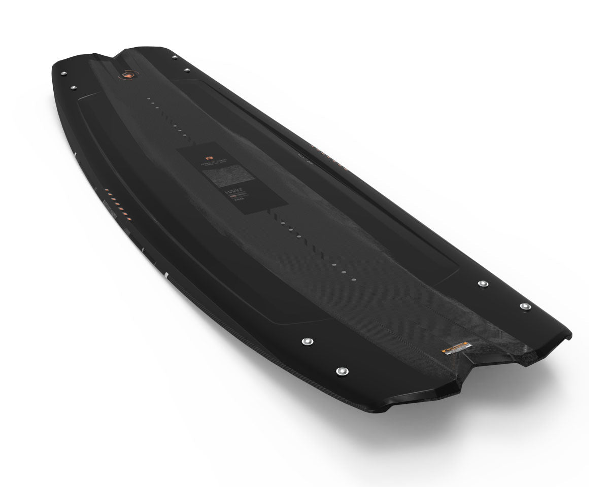 The Liquid Force Remedy AERO is a sleek black wakeboard with a modern design and textured surface details.