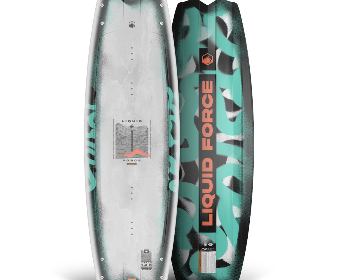 Top and bottom view of Remedy wakeboard by Liquid Force showing front and back in a stylish teal, black, and white design.