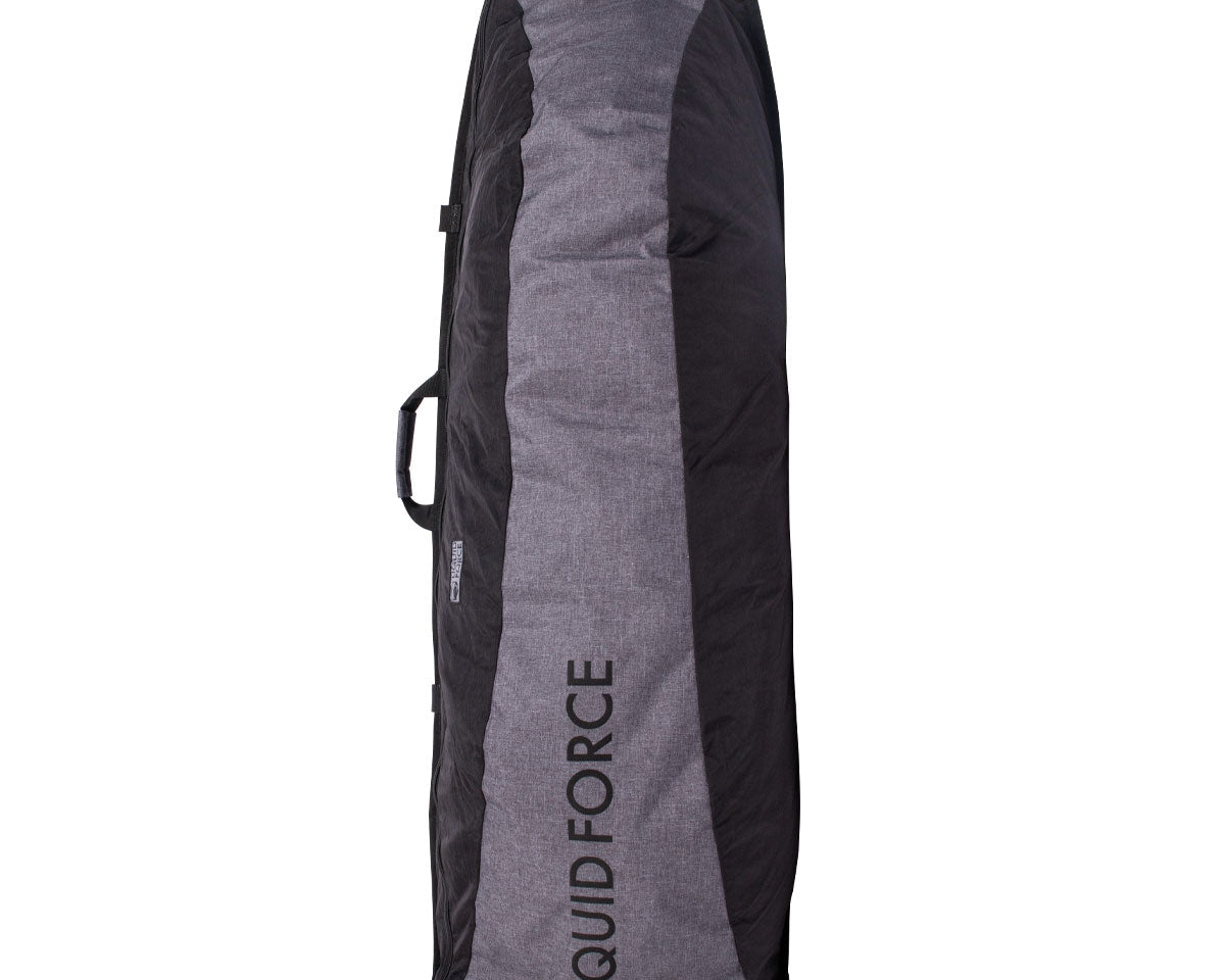 Gray and black Roll-Up Wheeled Board Bag stands upright.