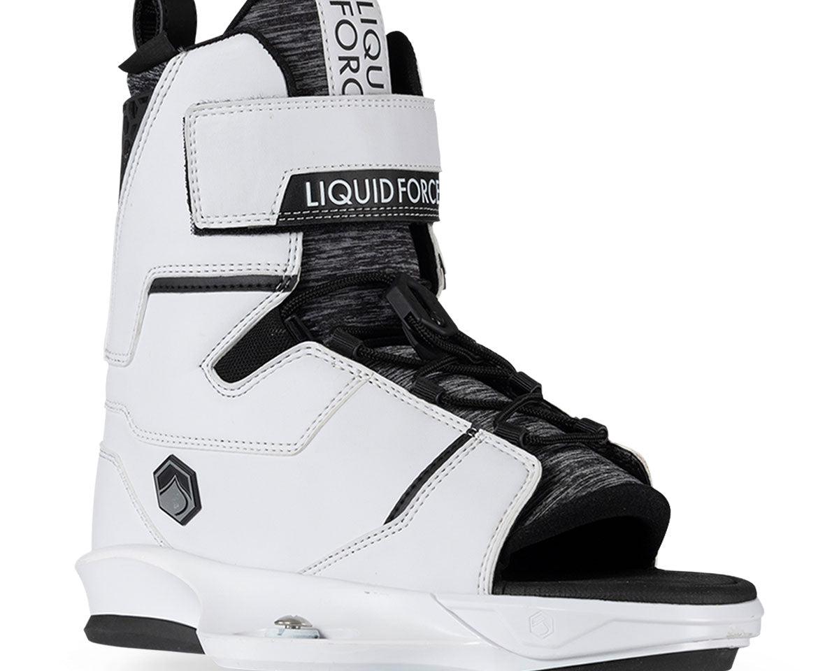 Front angled view of a white and black wakeboard binding with an open toe design, adjustable straps, and a prominent logo on the tongue and side.