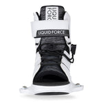 White and black wakeboard boot with lace-up front and adjustable strap for secure bindings.