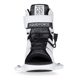 White and black wakeboard boot with lace-up front and adjustable strap for secure bindings.